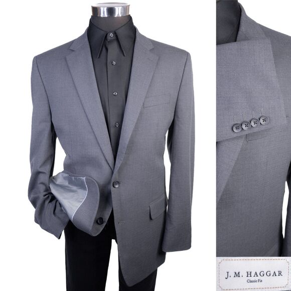 Haggar Sport Coat Blazer Sz 44L Micro Check Gray Two Button Classic fit Poly EUC - Picture 1 of 13